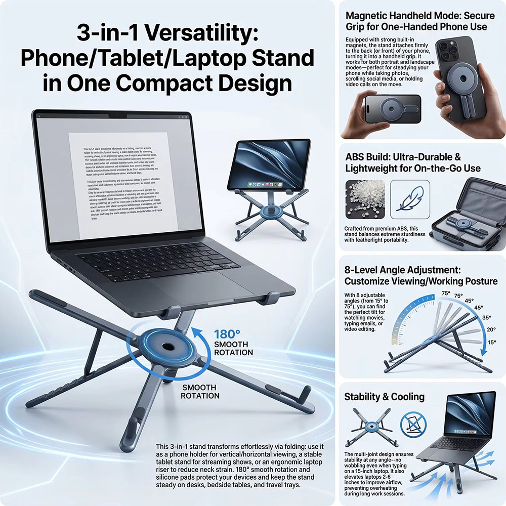 휴대용 자석식 휴대폰 거치대 & 셀카봉 3-in-1 접 - Laptop Office Accessories 리뷰 및 가격